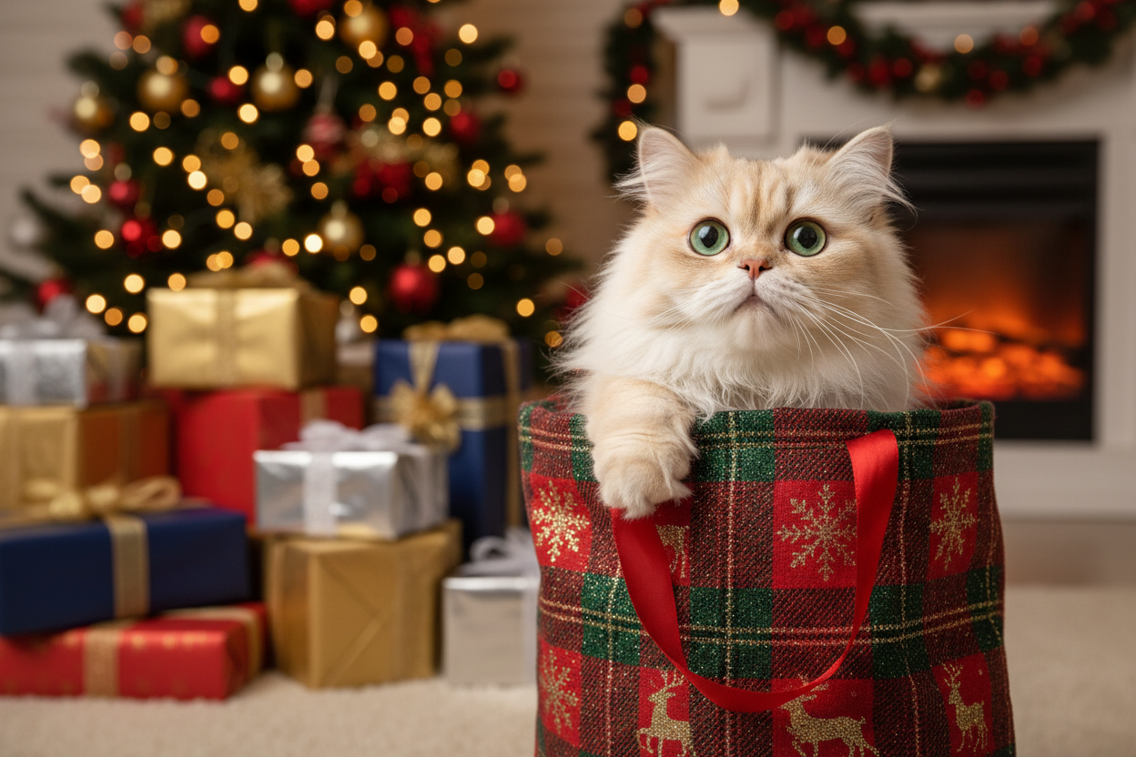 eine Katze die neugierig in einen Christmas Einkaufstasche guckt 